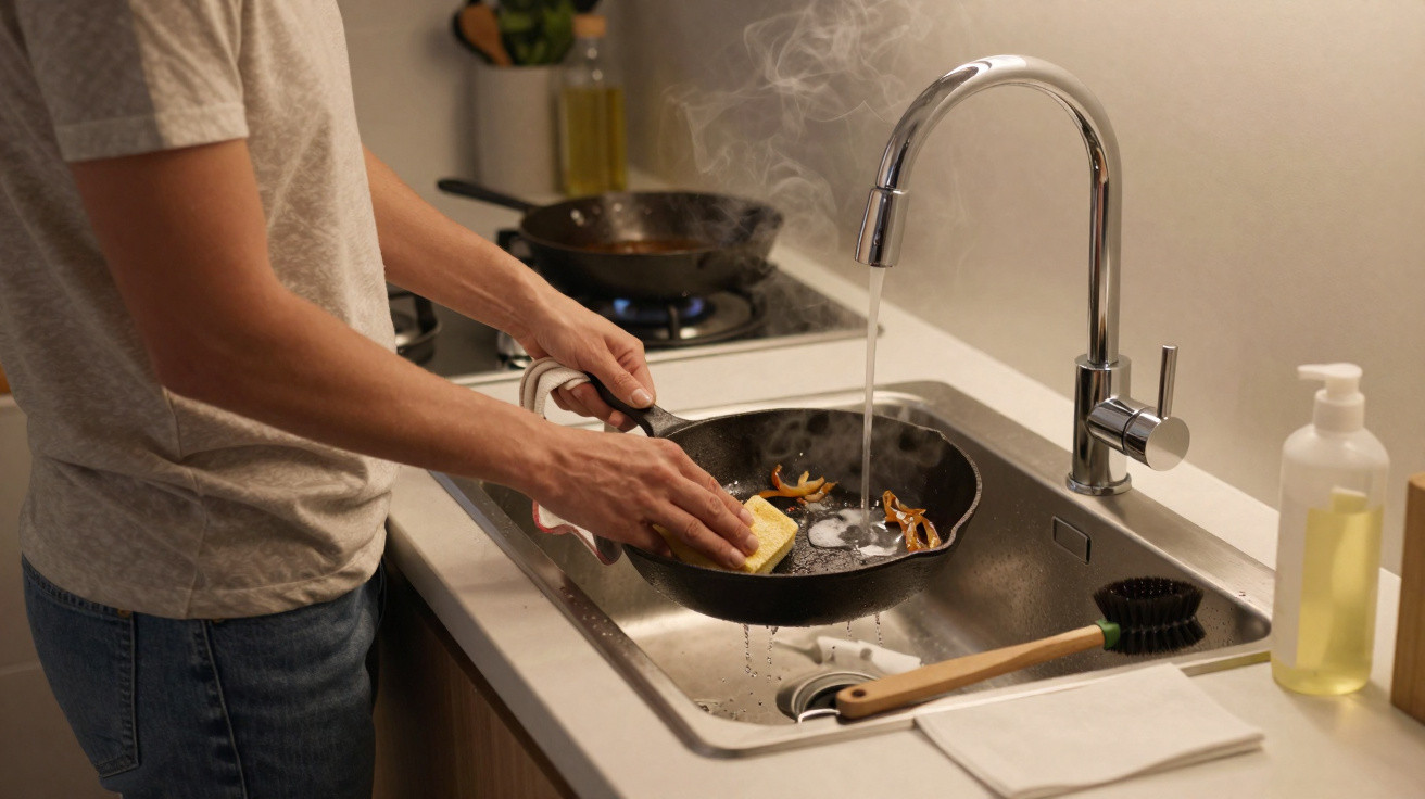 Person spült eine Bratpfanne mit heißem Wasser und Schwamm in der Küchenspüle.