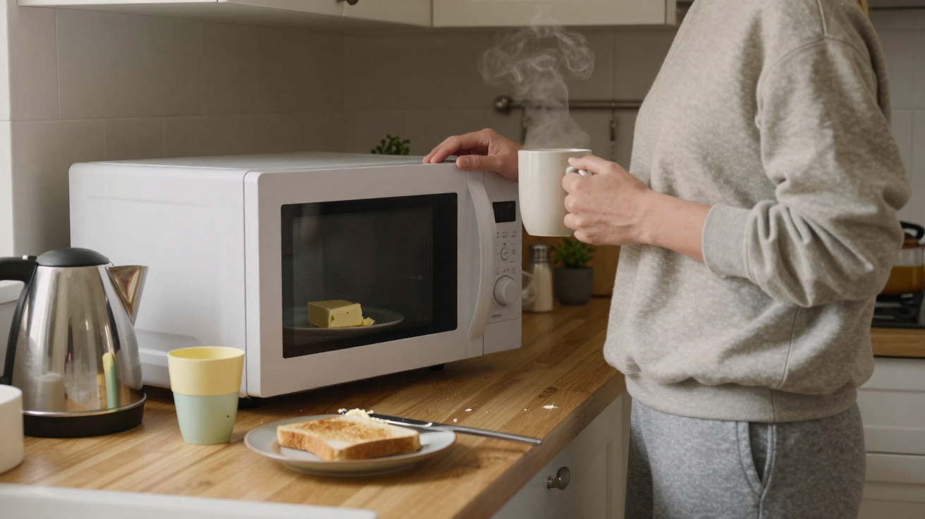 Person hält dampfende Tasse neben Mikrowelle, auf der Arbeitsfläche Teller mit Toast und Butterstück, Küchenutensilien.