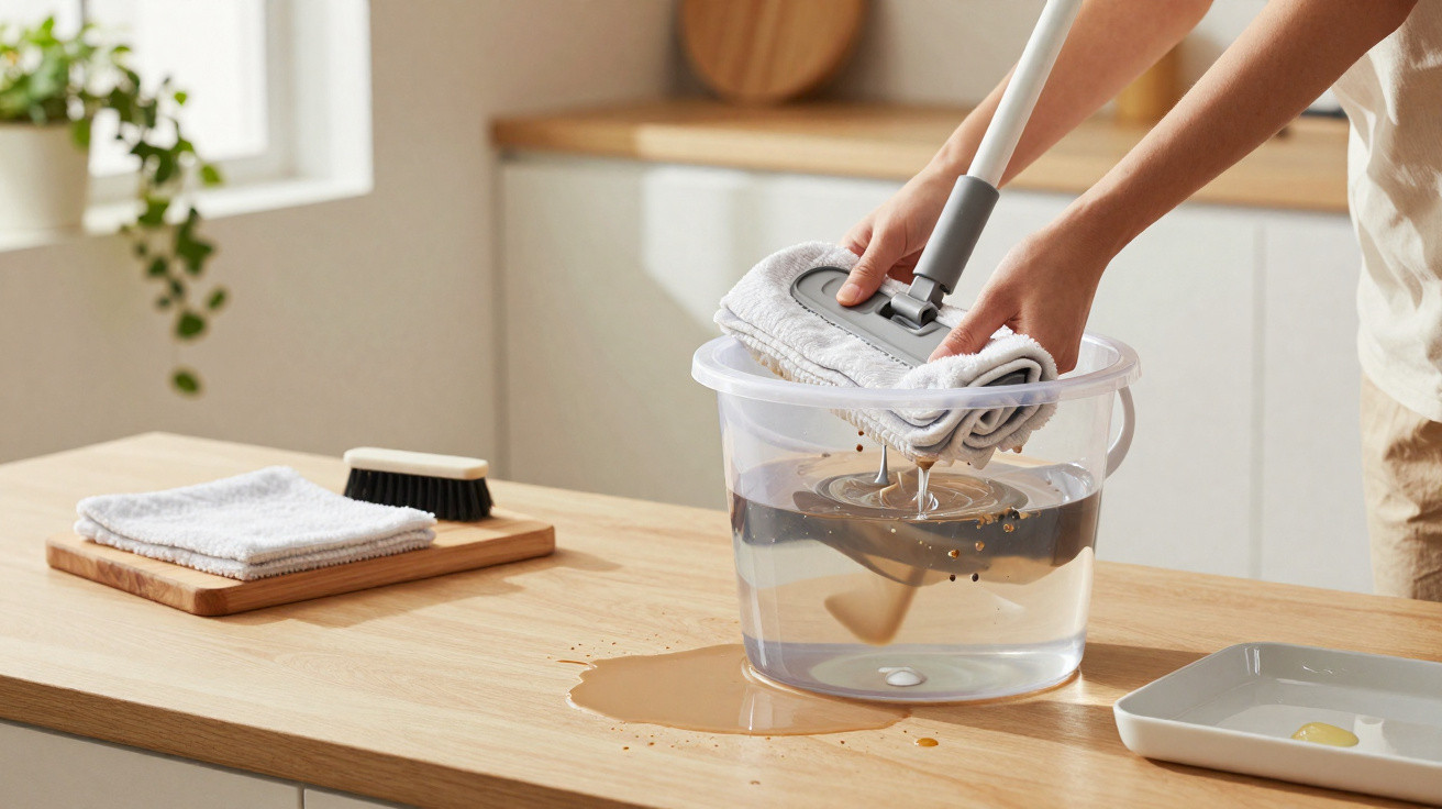 Person wringt Mopp über einem teilweise mit Wasser gefüllten Eimer auf einem Holztisch aus.