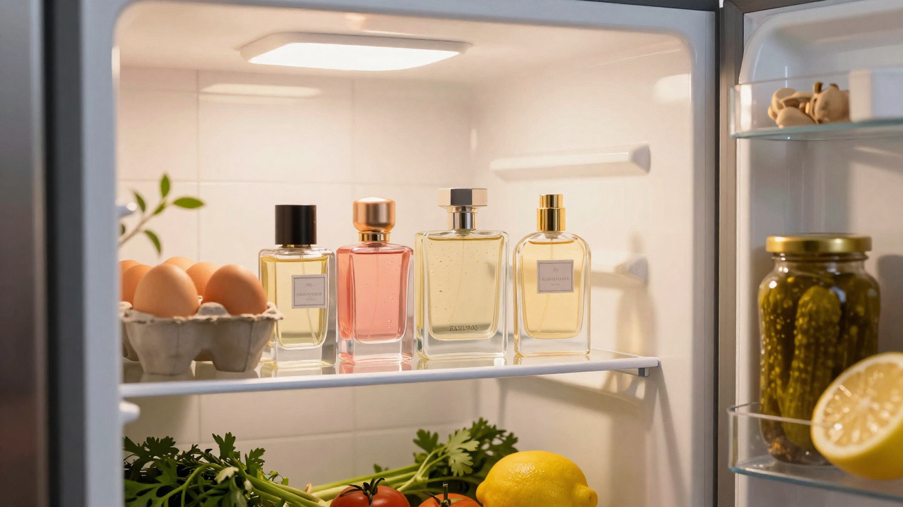 Kühlschrank mit Parfümflaschen, Eiern, Gurken, Zitrone und frischem Gemüse auf zwei Ablagen.