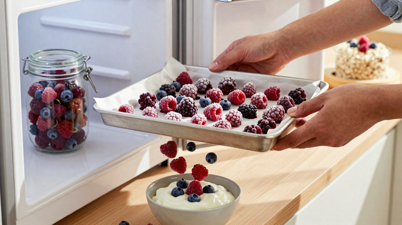 Gefrorene Beeren werden aus Gefrierschrank genommen und in Joghurt-Schüssel gegeben.