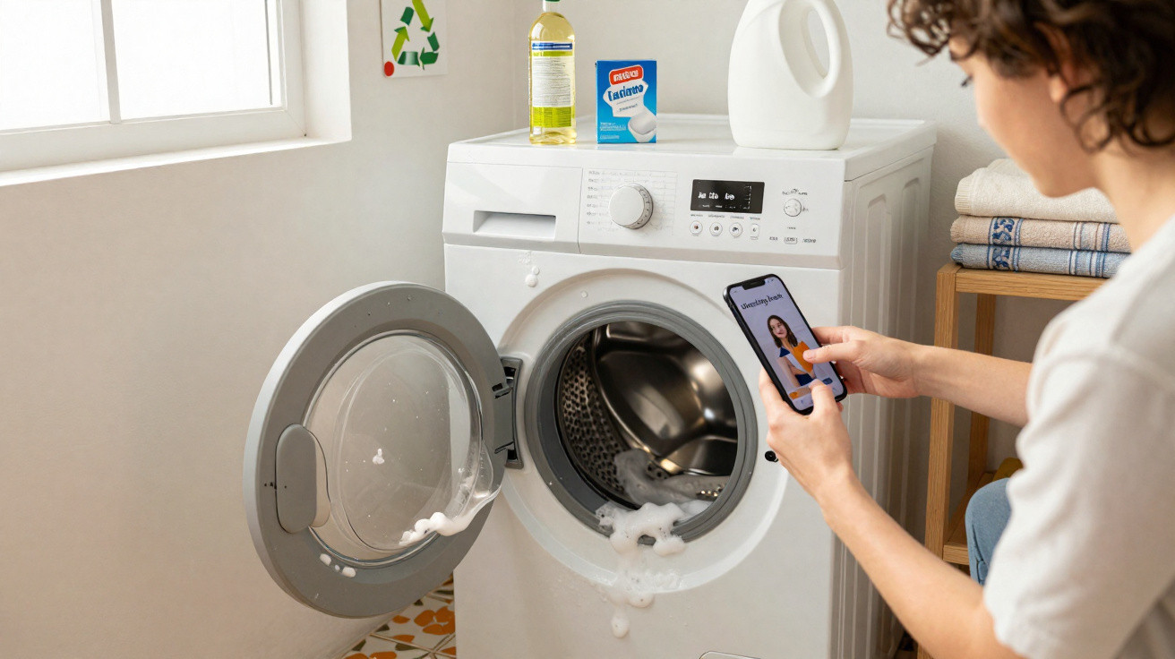 Person bedient Smartphone vor Waschmaschine, aus der Schaum überläuft, Waschraum mit Waschmitteln und Handtüchern.