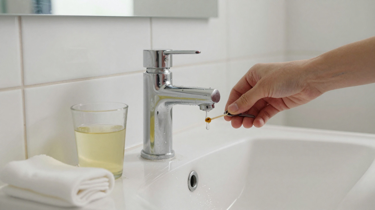 Hand tropft Wasser auf ein Stäbchen über einem Waschbecken mit Glas und Handtuch im Bad.