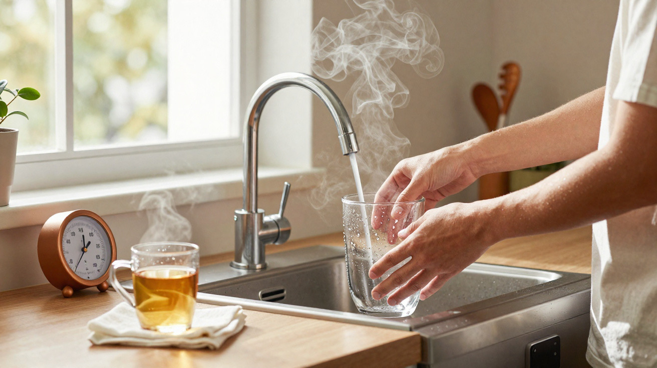 Mann füllt dampfendes heißes Wasser aus Wasserhahn in Glas in heller Küche am Fenster.