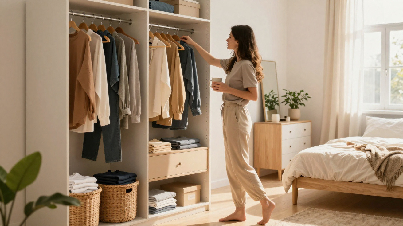 Frau steht in hellem Schlafzimmer vor geöffneter Garderobe und hält Kaffeetasse in der Hand.