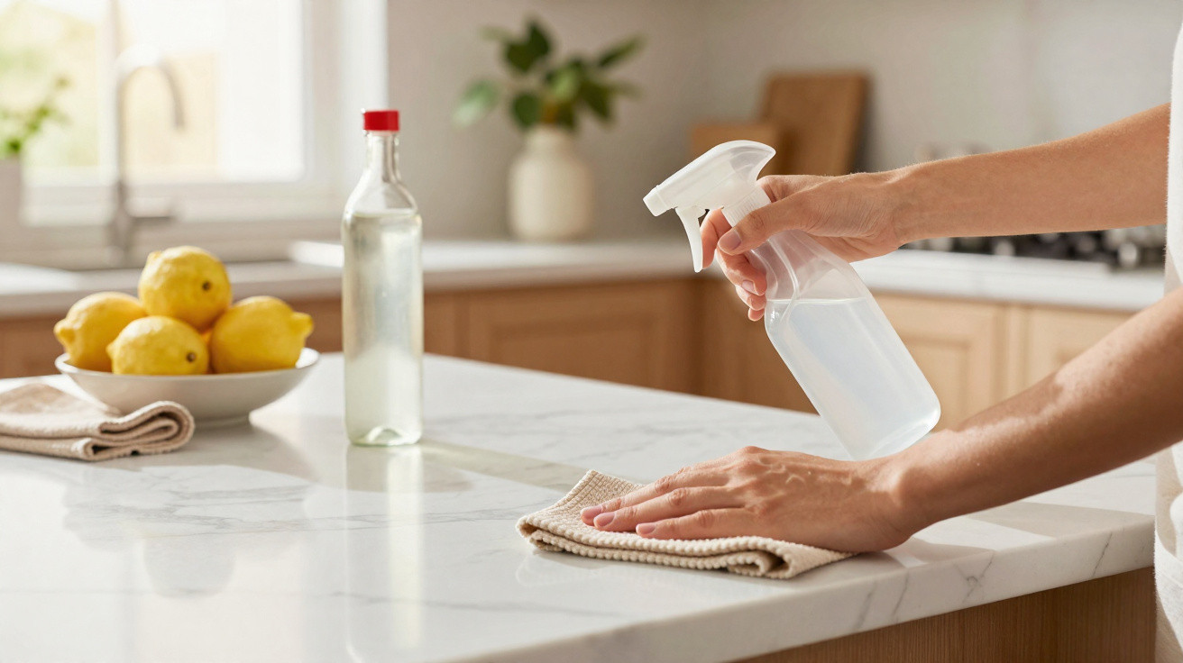 Person reinigt Küchenarbeitsplatte mit Sprühflasche und Tuch, im Hintergrund Zitronen und Flasche sichtbar.