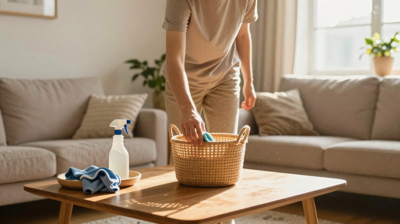 Person reinigt Holztisch mit Schwamm, neben Reinigungsspray und Tuch, Wohnzimmer mit Sofa und Pflanzen im Hintergrund.