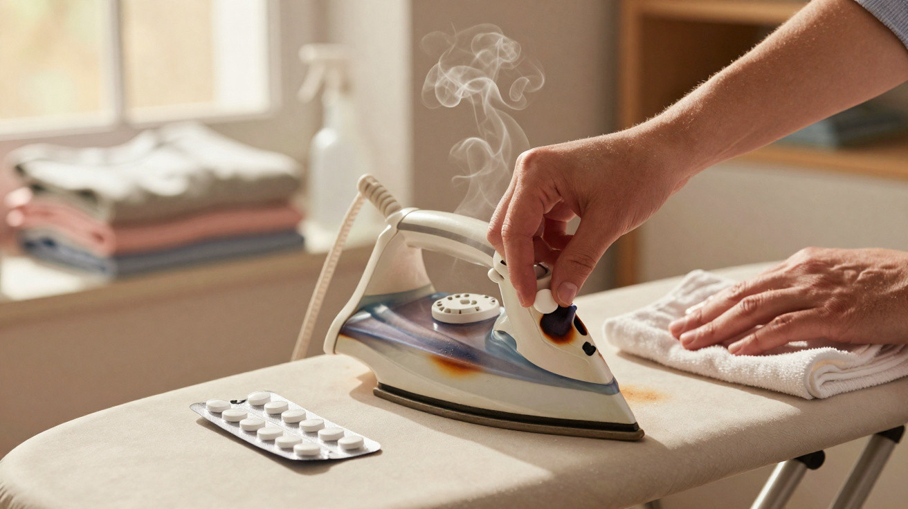 Dampfendes Bügeleisen auf Bügelbrett mit Brandfleck und Tabletten im Vordergrund.