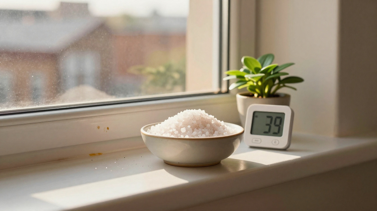 Schale mit Salz, digitaler Hygrometer und kleine grüne Pflanze auf Fensterbank im Sonnenlicht.