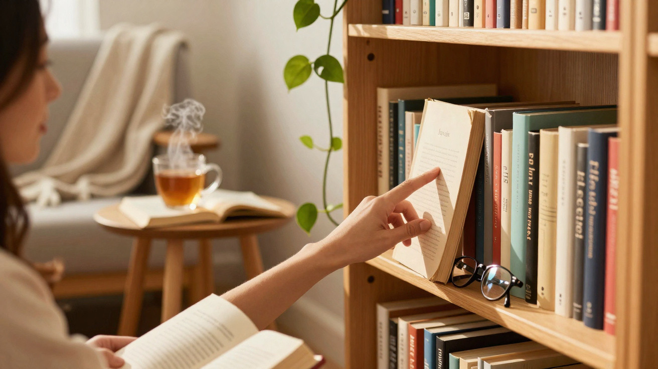 Frau liest Buch vor Bücherregal, Blick auf Seite, mit dampfender Tasse Tee im Hintergrund.