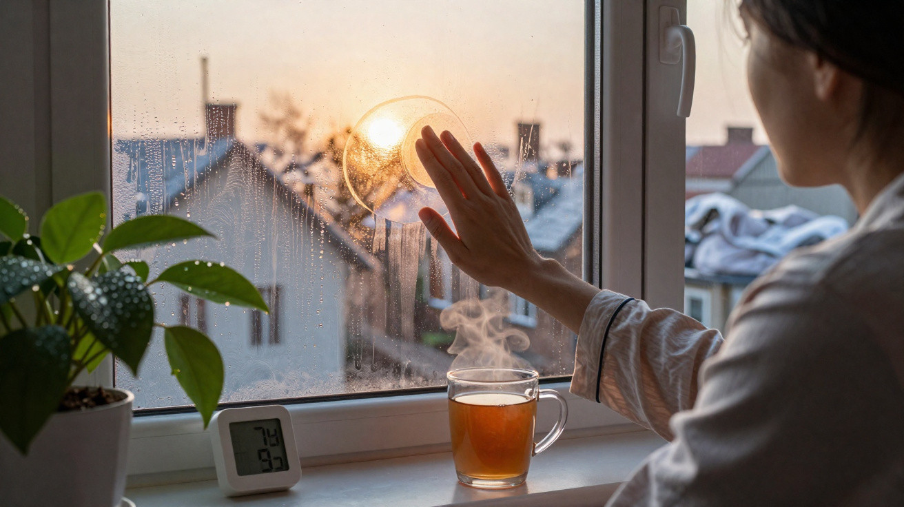 Frau wischt mit Handkreissauger beschlagenes Fenster, Dampftasse und Zimmerpflanze auf Fensterbank am Morgen.