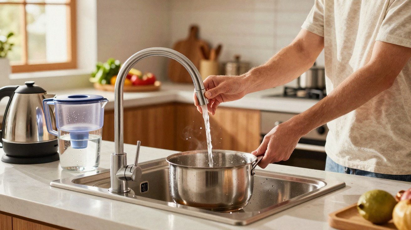 Person füllt Topf mit Wasser aus Küchenarmatur in moderner Küche