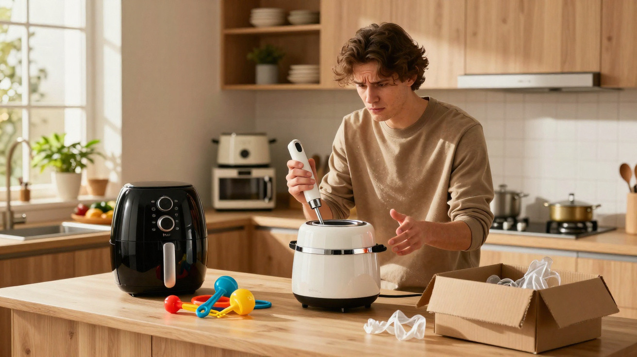 Junger Mann testet Küchengerät beim Kochen in moderner Holzküche mit Airfryer und Messbechern.