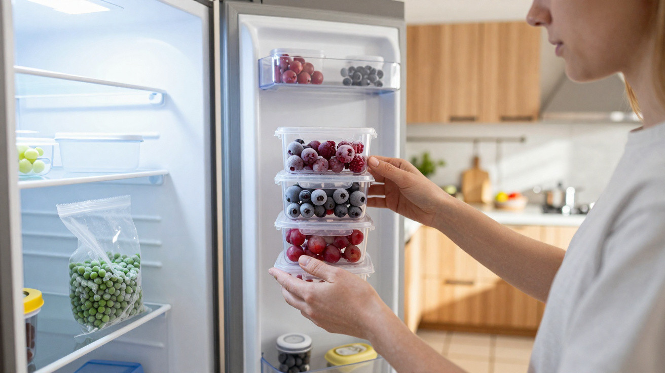 Frau legt Plastikbehälter mit Beeren in geöffneten Kühlschrank in moderner Küche.
