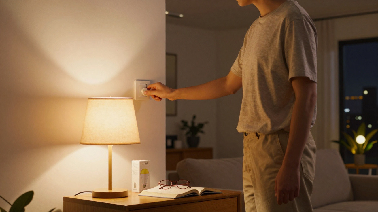 Person schaltet in dunklem Wohnzimmer Stehlampe an, neben Nachttisch mit Buch und Brille.