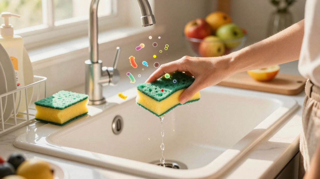 Hand hält nassen Küchenschwamm über Spüle mit animierten Keimen, weiterer Schwamm und Obst im Hintergrund.