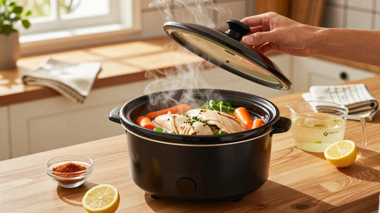 Dampfende Hühnersuppe mit Karotten und Kräutern in einem schwarzen Slow Cooker beim Öffnen des Deckels.
