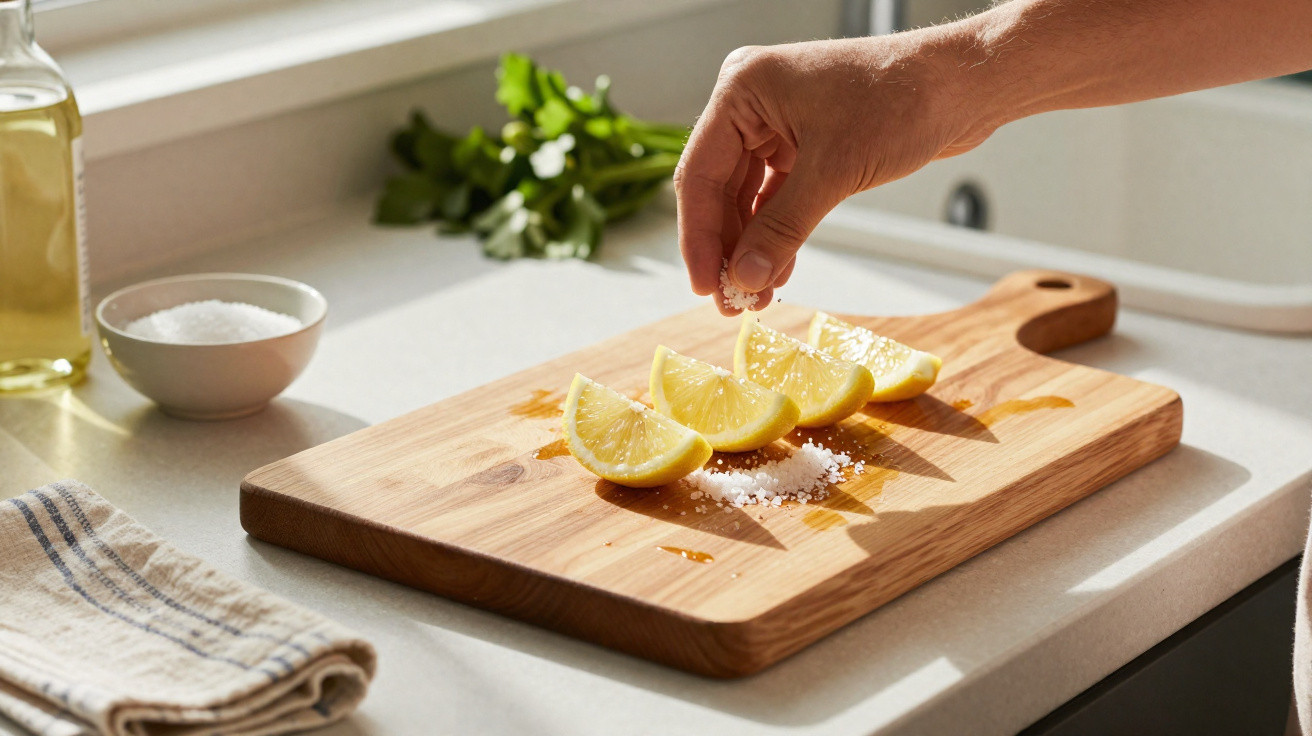 Hand streut Salz auf Zitronenspalten auf einem Holzbrett in einer hellen Küche.