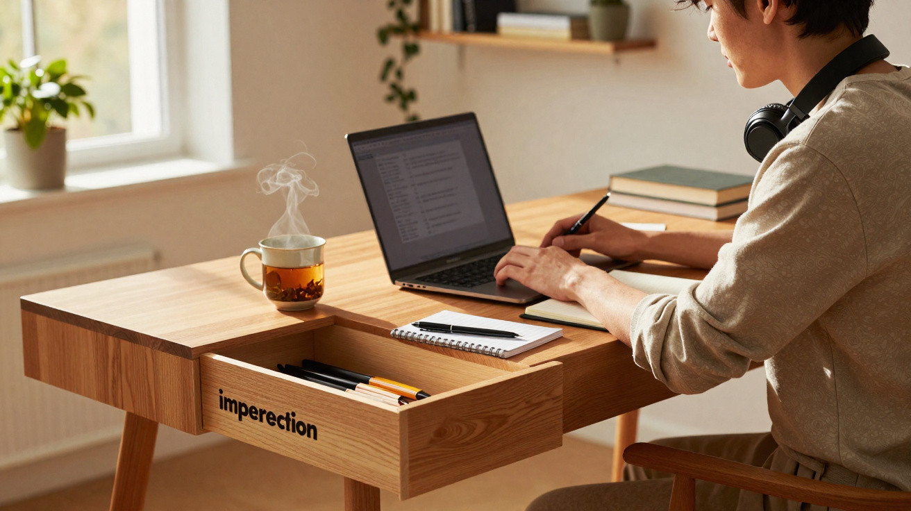 Person arbeitet am Laptop an einem Holztisch mit offener Schublade und dampfender Teetasse bei Tageslicht.