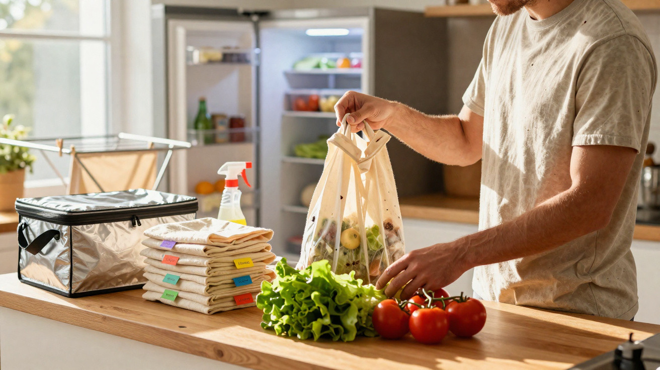 Mann packt frisches Gemüse in eine wiederverwendbare Netztasche in der Küche vor offenem Kühlschrank.