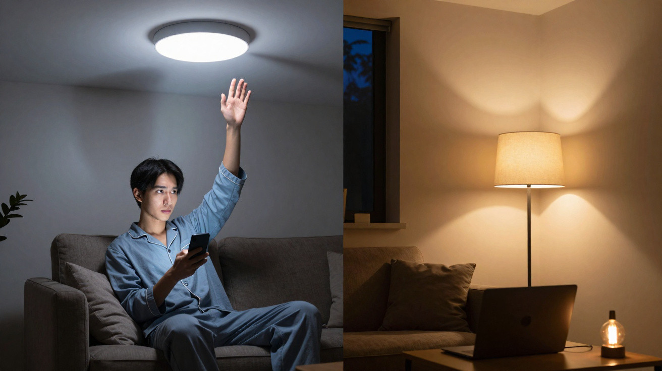 Zwei Wohnzimmer zur Beleuchtungsveranschaulichung, links Deckenlicht, rechts Stehlampe mit warmem Licht.