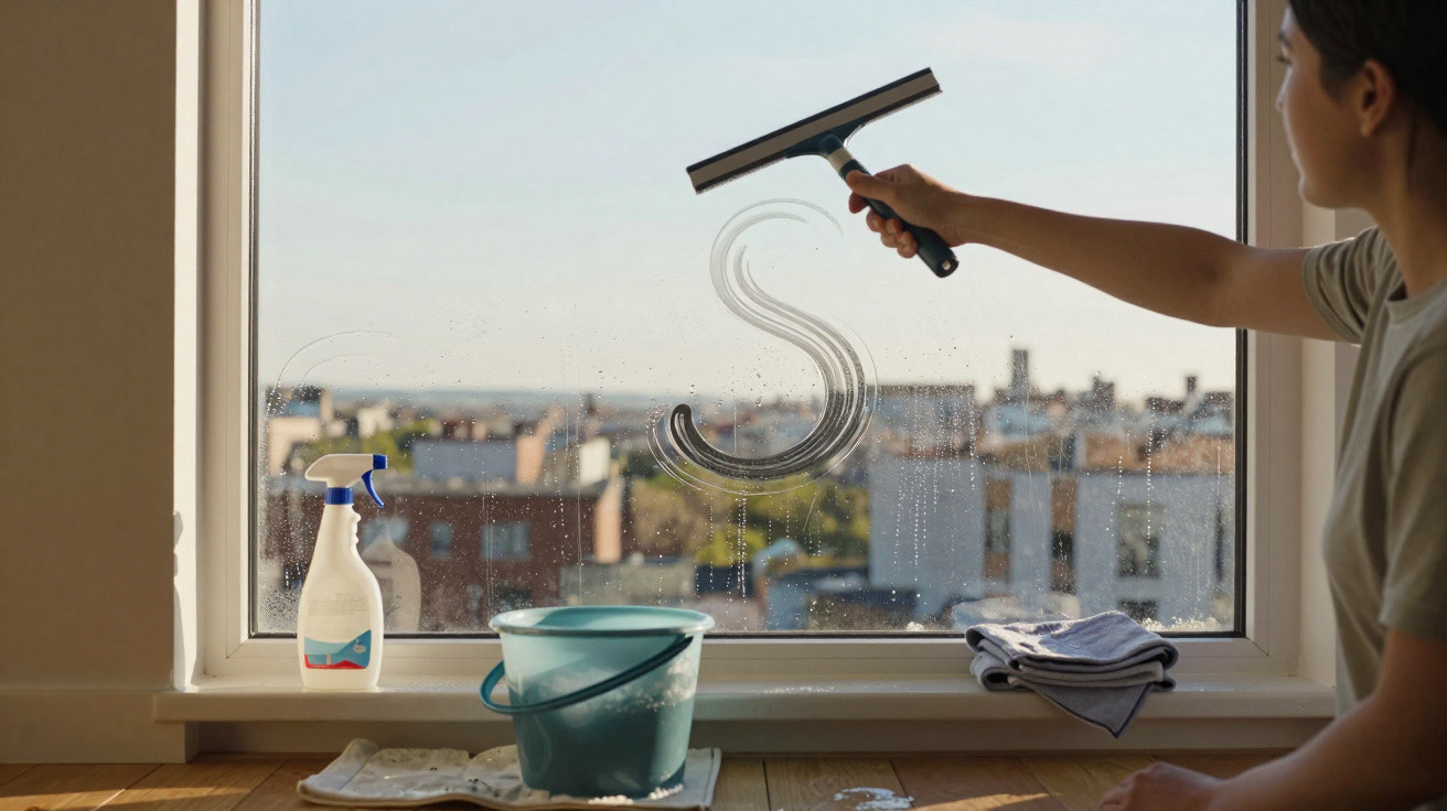 Frau reinigt mit einem Fensterwischer ein großes Fenster mit Blick auf die Stadt im Hintergrund.