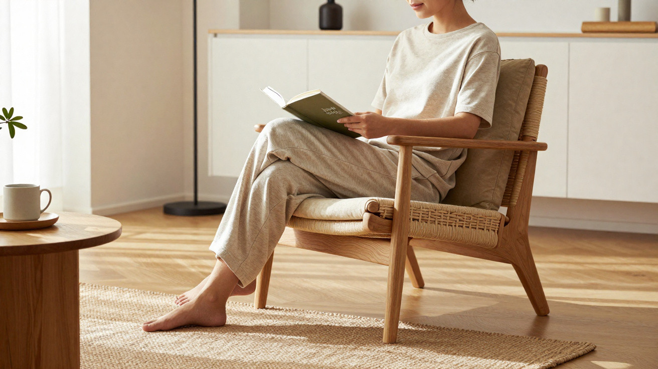 Frau sitzt entspannt barfuß auf Holzstuhl und liest Buch in hellem, minimalistischem Wohnzimmer.