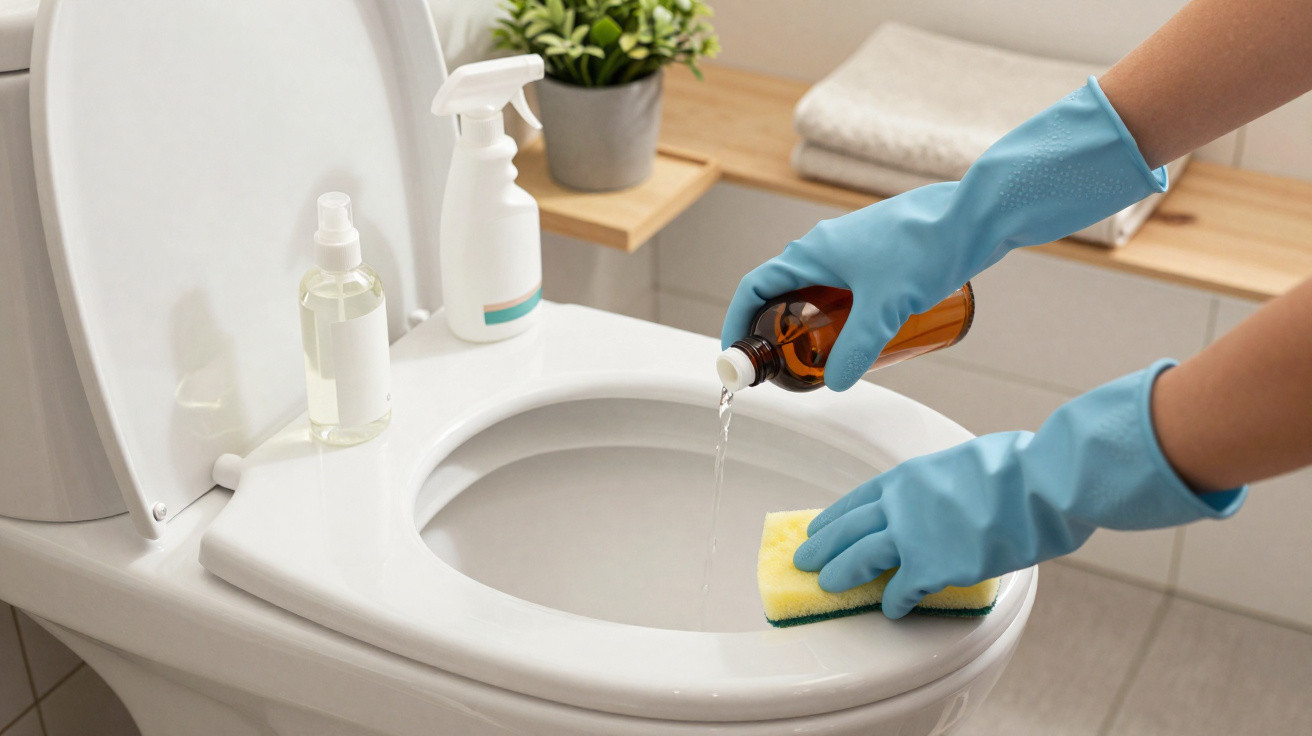 Person mit blauen Handschuhen gießt Reinigungsmittel auf Schwamm zur Toilettenreinigung im Badezimmer.