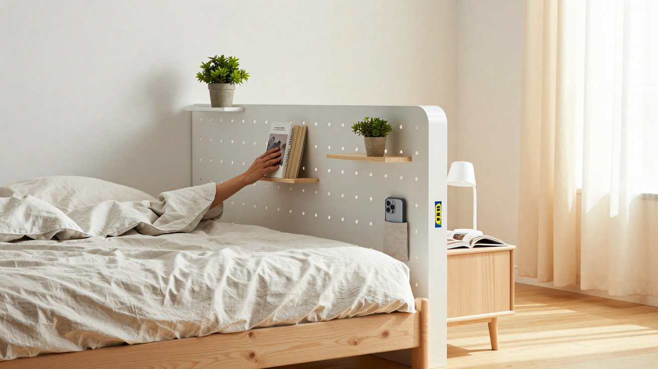 Modernes Bett mit hellem Holzrahmen, weißem Kopfteil, Pflanzen und einer Hand, die ein Buch greift.