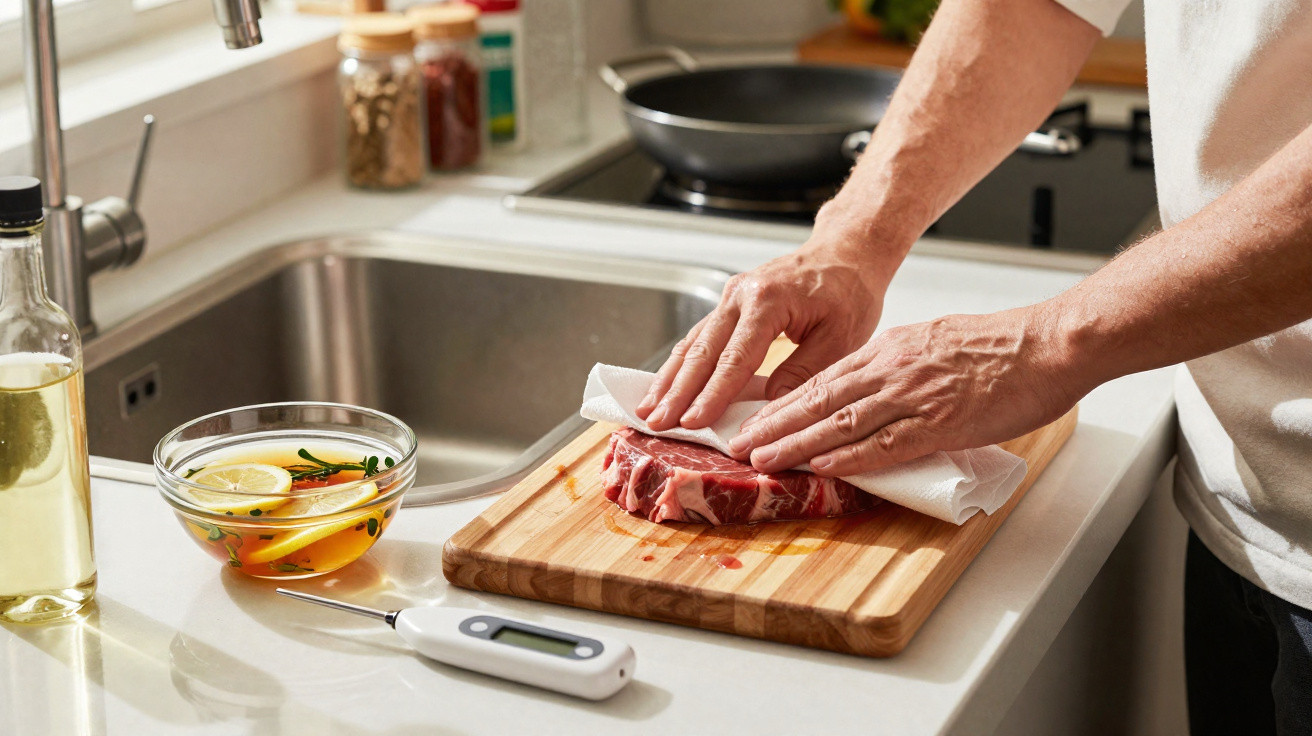 Mann tupft rohes Steak mit Küchenpapier auf Holzbrett in moderner Küche ab.