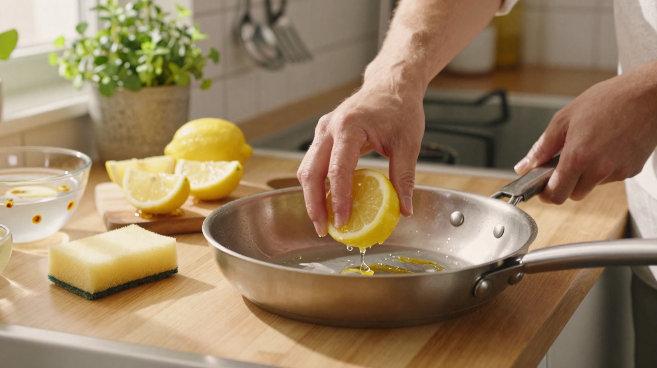 Hand presst Zitrone über einer Pfanne in heller Küche mit Schwamm und Kräutertopf im Hintergrund.