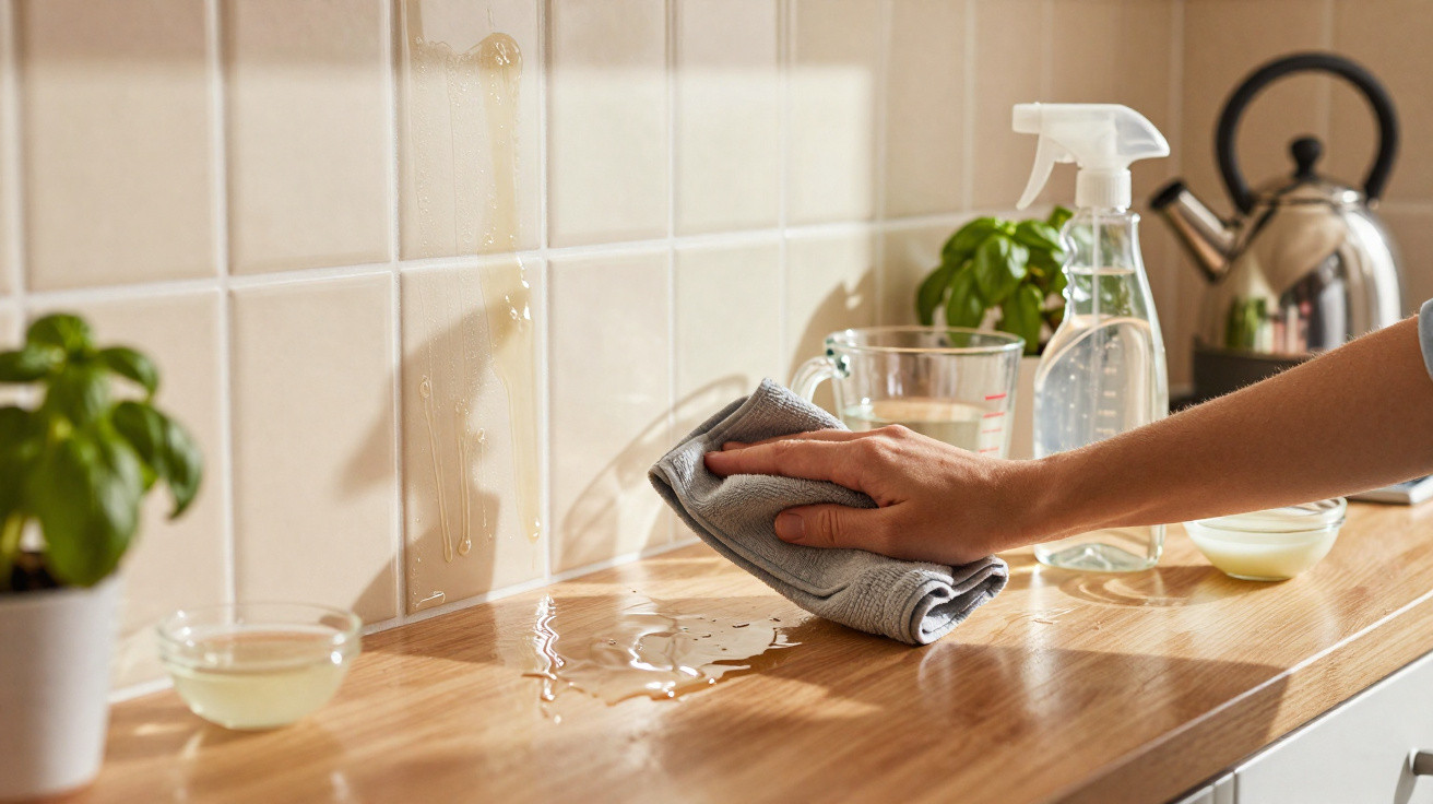 Hand wischt mit Tuch Wasser von Holztisch in Küche mit Fliesen, Pflanzen und Reinigerspray ab.