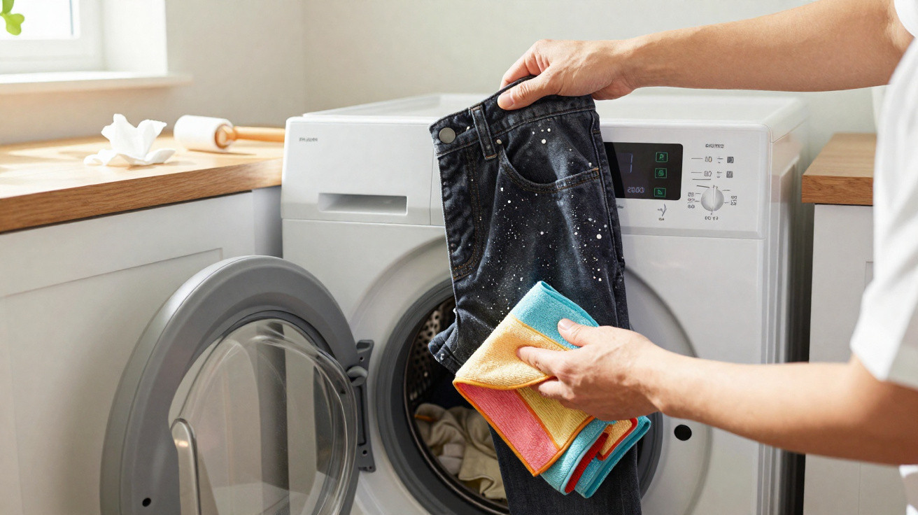 Person legt schwarze Jeans mit buntem Tuch in die offene Tür einer weißen Waschmaschine in hellem Raum.