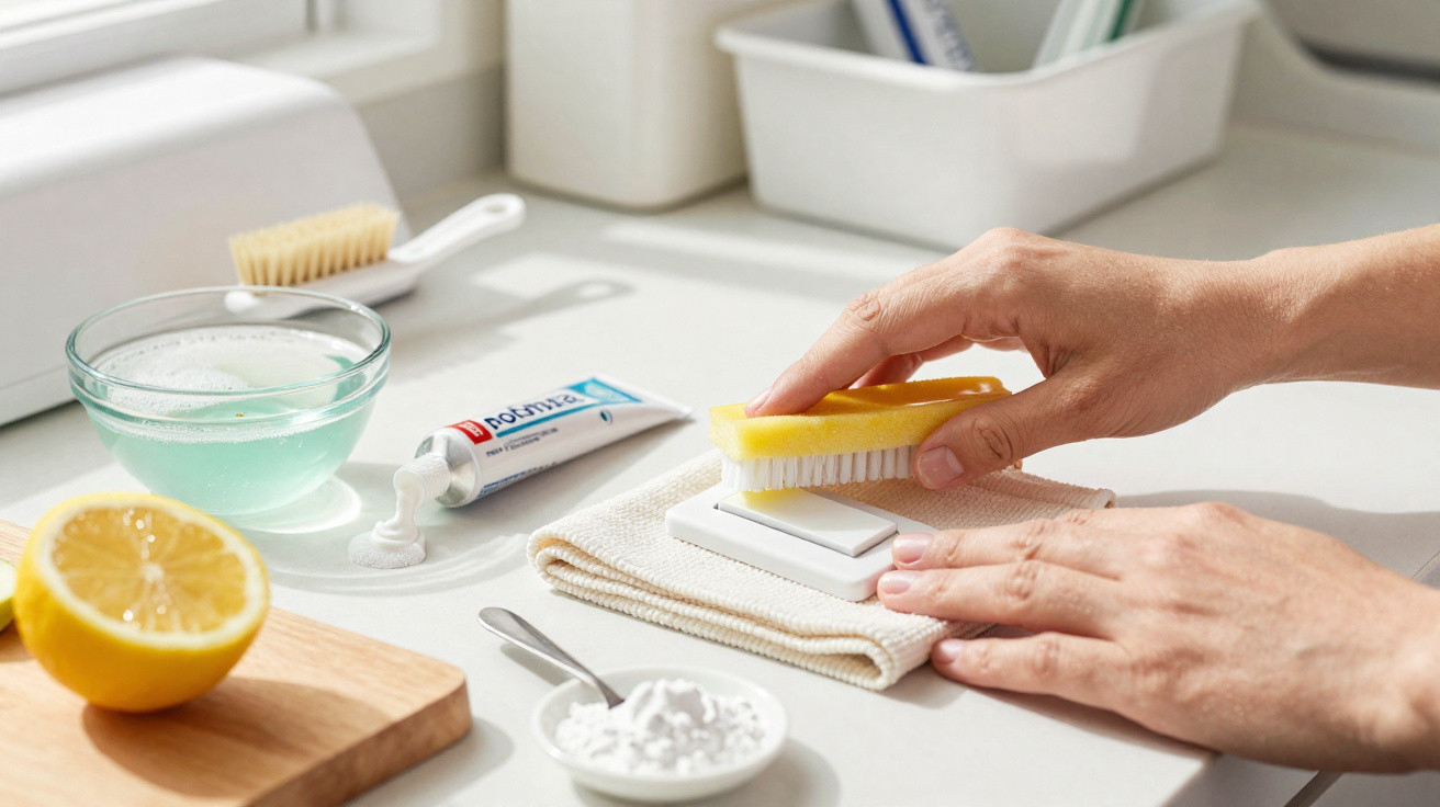Hand reinigt Schalter mit Bürste, Zitrone, Schüssel mit Flüssigkeit und Natron auf weißer Oberfläche.