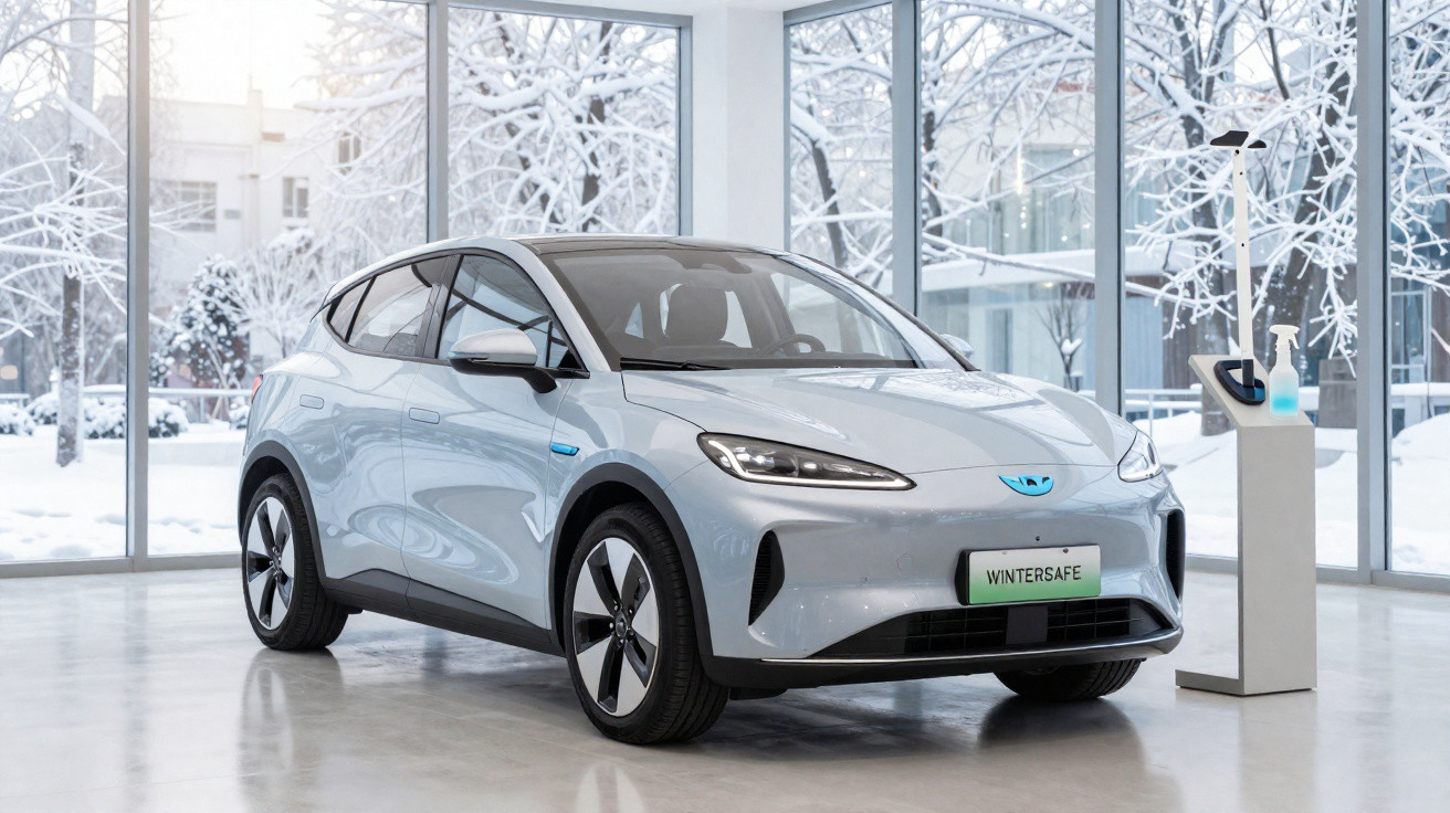 Silberfarbenes Elektroauto mit Winter-Sicherheitskennzeichen in hellem Raum vor verschneiten Fenstern.