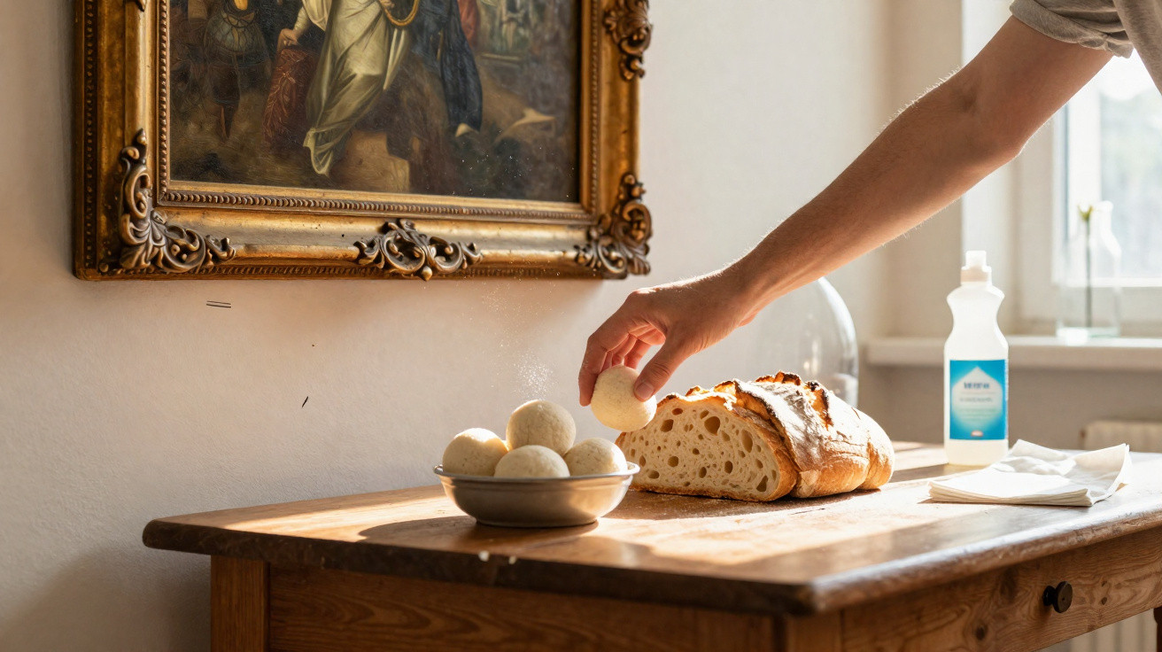 Hand legt Scheibe Brot auf Holztisch neben einem Teller mit Weißbroten, altes Gemälde an Wand.