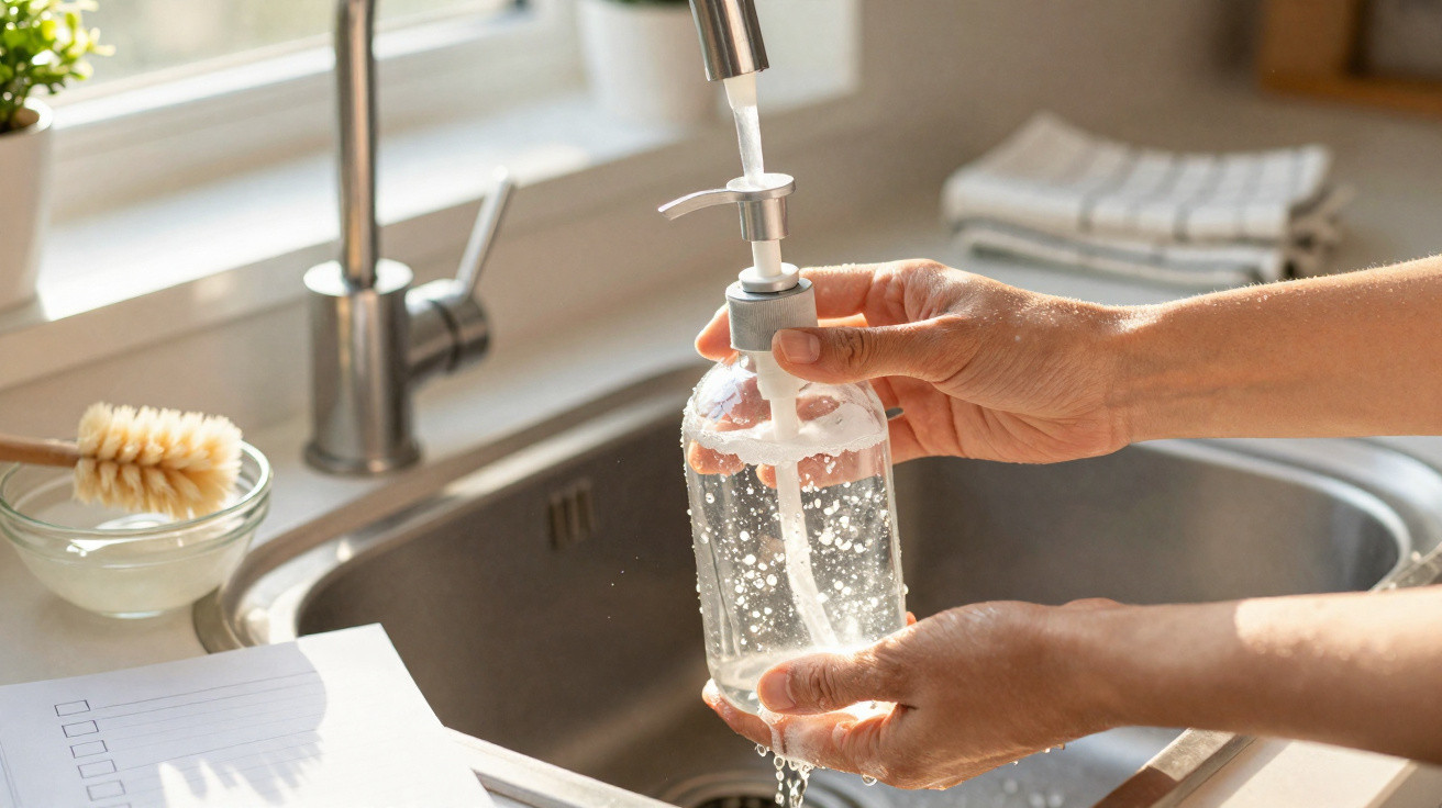 Person füllt Seifenspender mit klarem Flüssigseife unter Küchenarmatur mit laufendem Wasser auf.