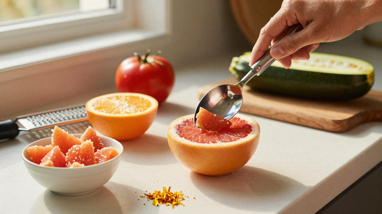 Hand schält mit Löffel frische Grapefruit, mit Tomate, Zucchini und Schale auf Küchenarbeitsplatte.