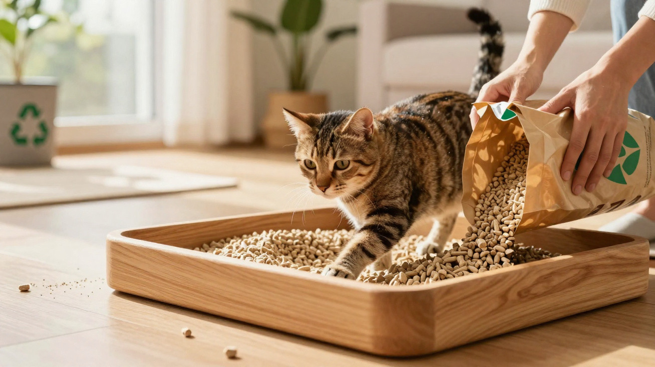 Katze geht über ein Katzenklo mit Holzpellets, während jemand die Pellets nachfüllt.
