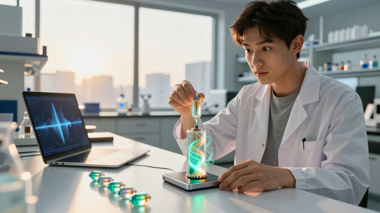 Junger Wissenschaftler in Labor führt Experiment mit leuchtender Flüssigkeit und digitaler Anzeige durch.