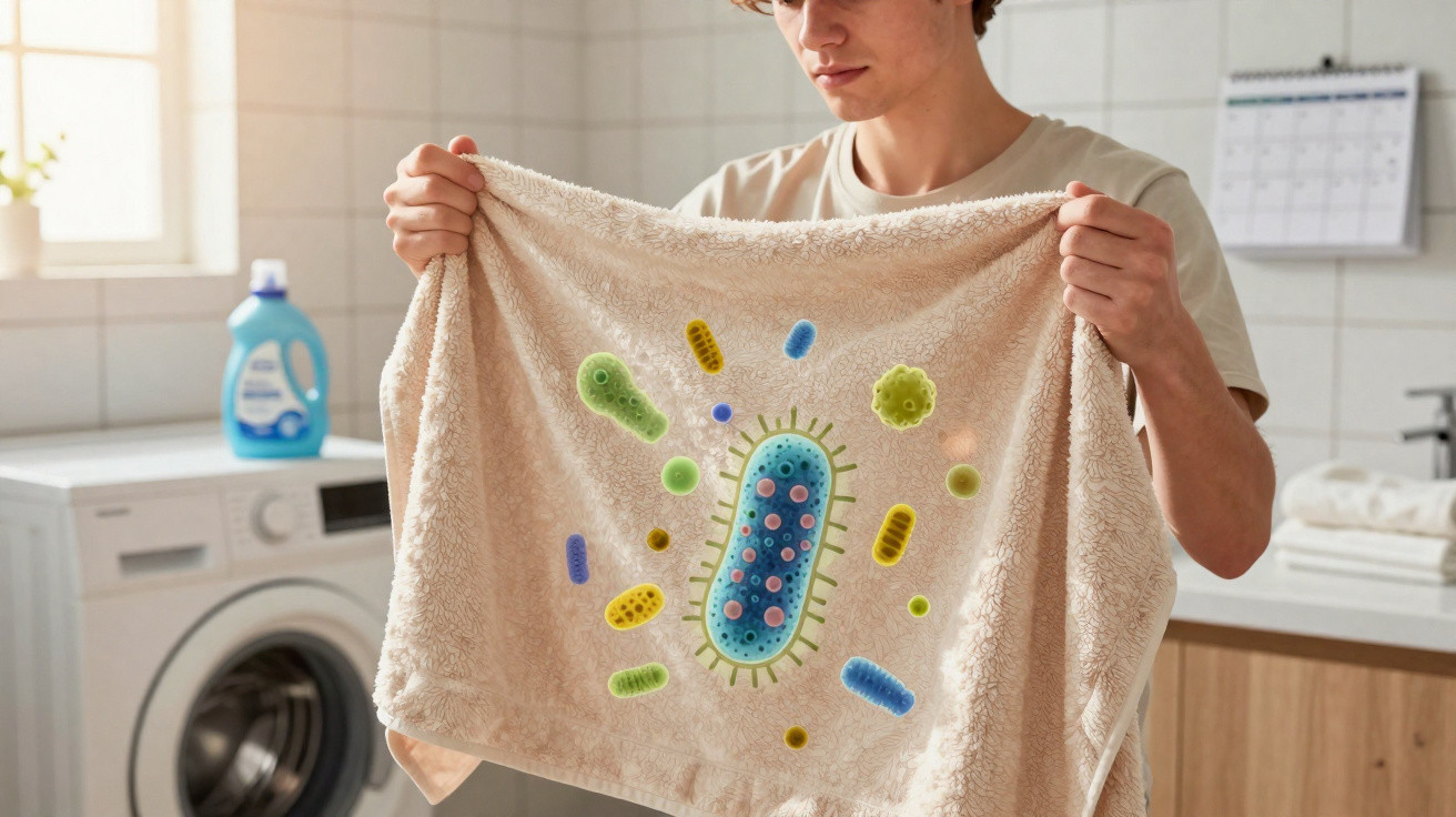 Mann hält Handtuch mit grafischer Darstellung von Bakterien in einem hellen Waschraum.