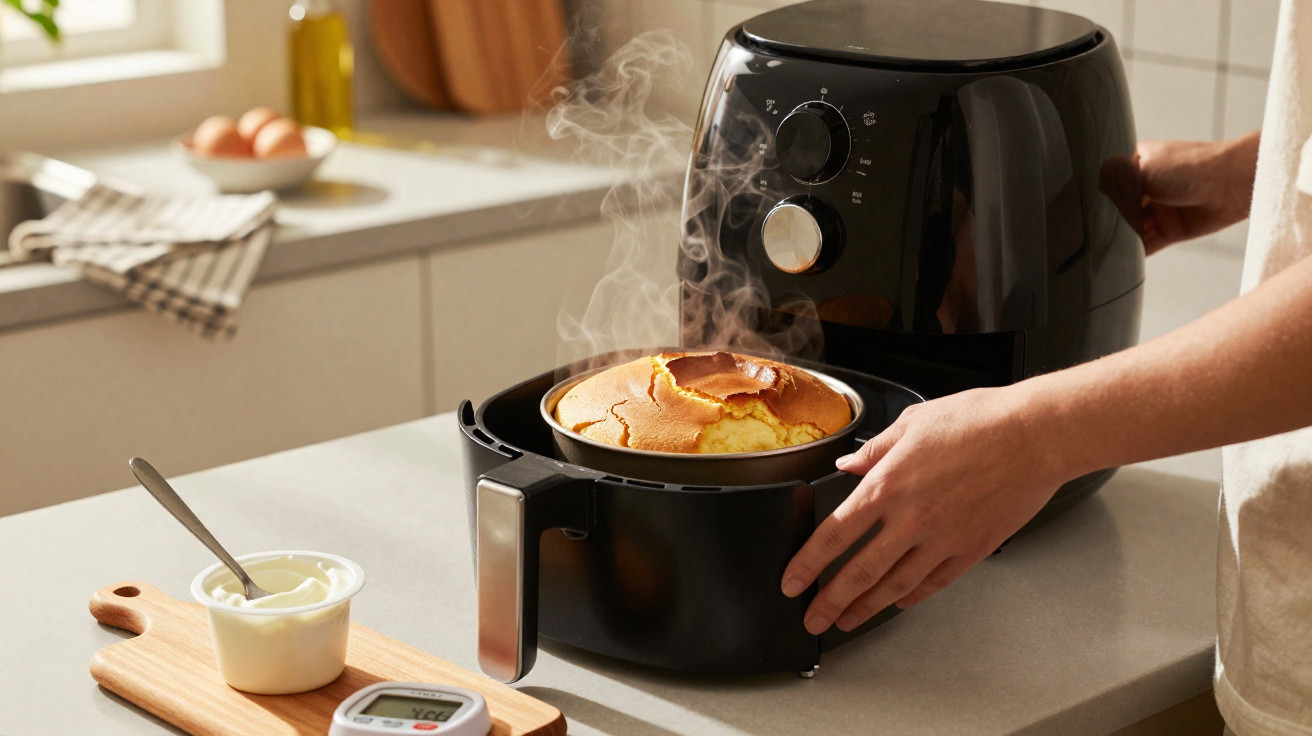 Person holt frisch gebackenen Kuchen aus der Heißluftfritteuse in moderner Küche, dampft noch.