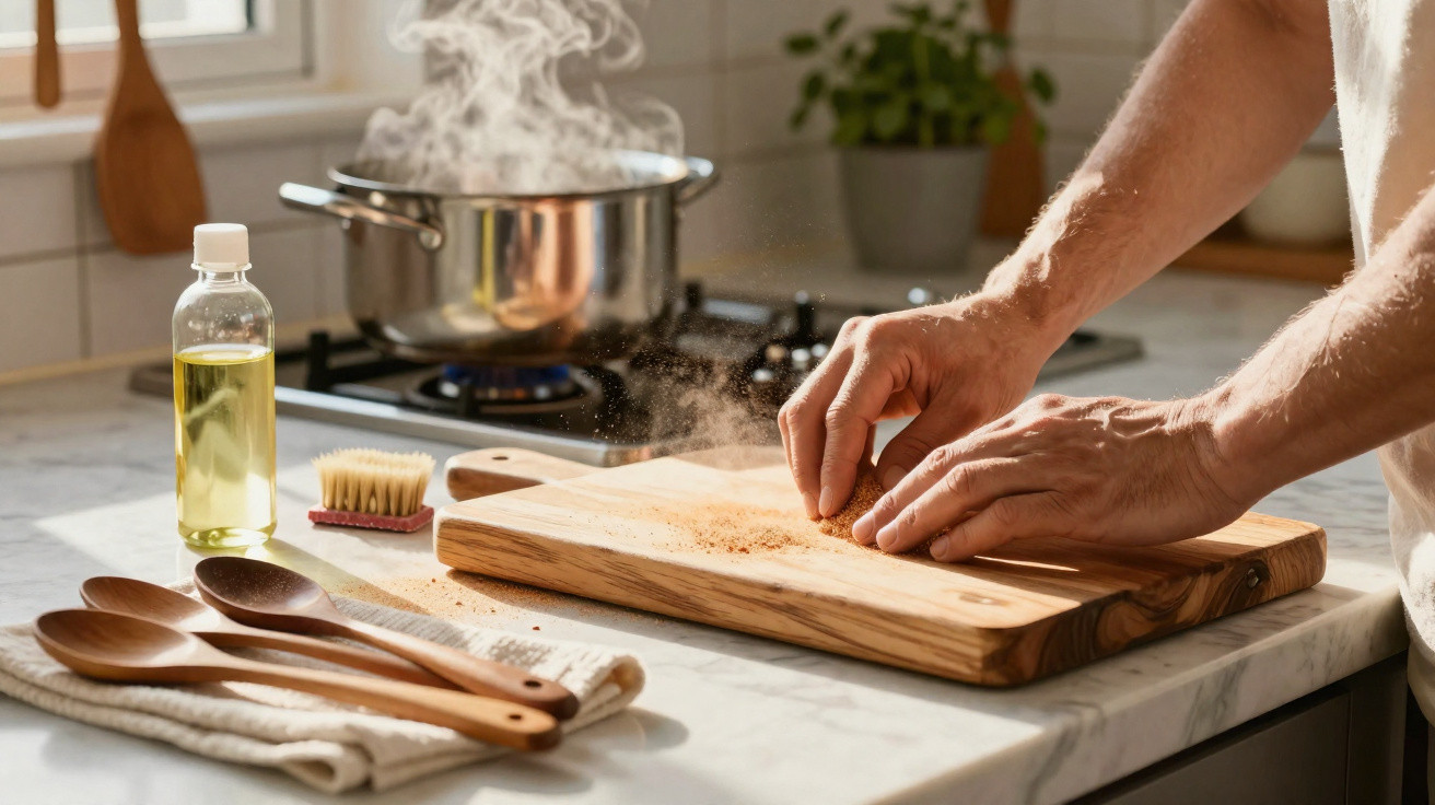 Person reibt Gewürz auf einem Holzbrett in einer hellen Küche mit kochendem Topf im Hintergrund.