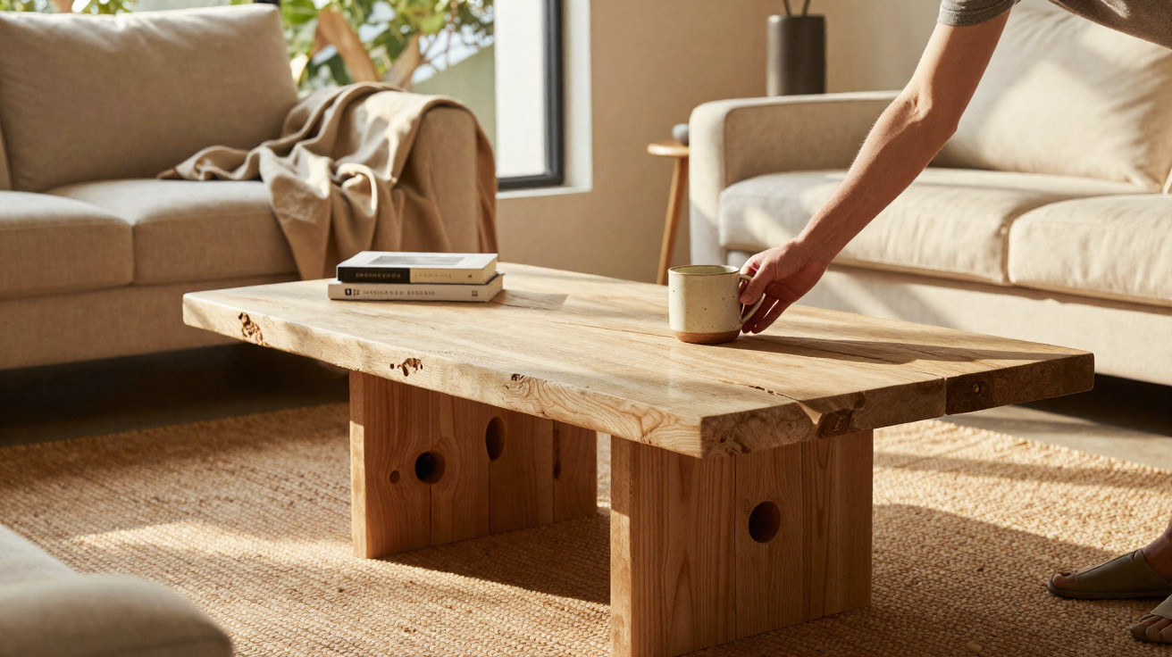 Wohnzimmer mit hellem Holz-Couchtisch, zwei Sofas und einer Hand, die eine Tasse abstellt.