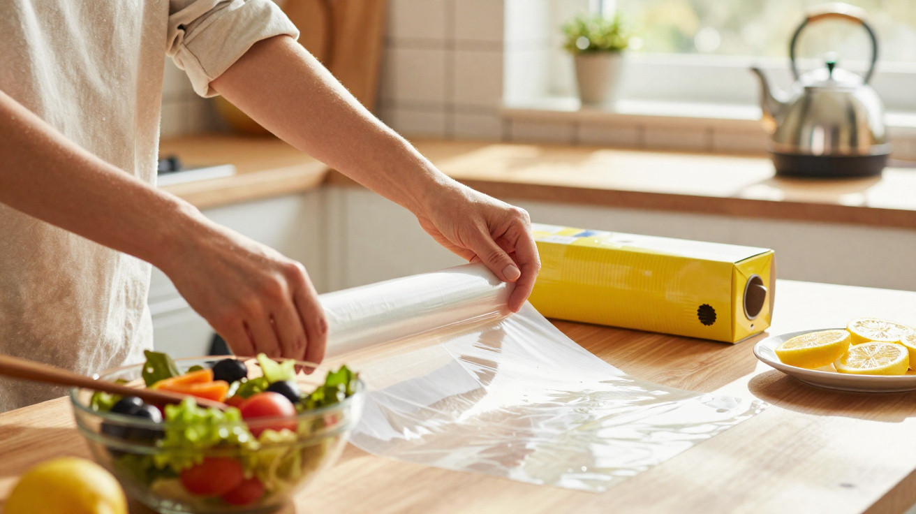 Person wickelt Frischhaltefolie in heller Küche um Salatschüssel mit frischem Gemüse.