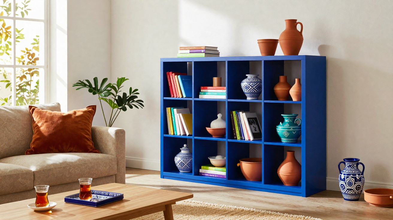Helles Wohnzimmer mit blauem Regal, Keramikvasen, Büchern, Sofa mit braunem Kissen und Holz-Couchtisch.