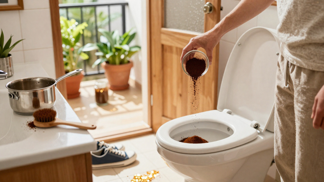 Person gießt Kaffeepulver in die Toilette in einem hellen Badezimmer mit Pflanzen auf dem Balkon.