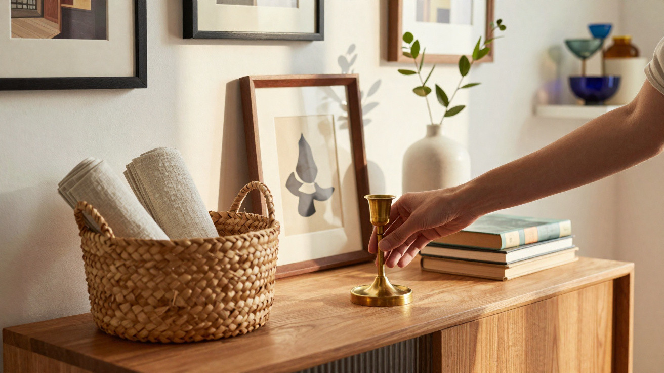 Hand greift goldenen Kerzenhalter auf Holztisch mit Korb, Büchern und dekorativen Bilderrahmen.