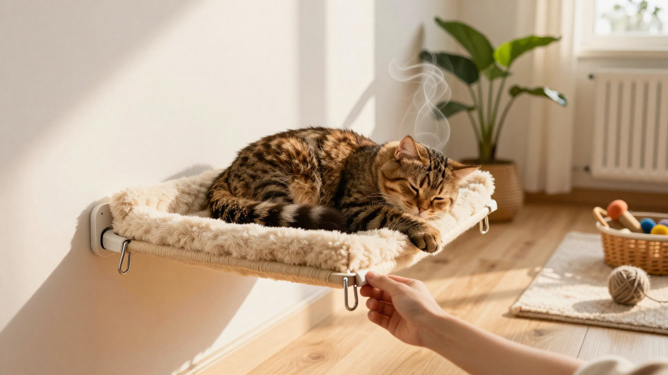 Braune getigerte Katze schläft auf einem wandmontierten, gepolsterten Katzenbett in sonnigem Zimmer.
