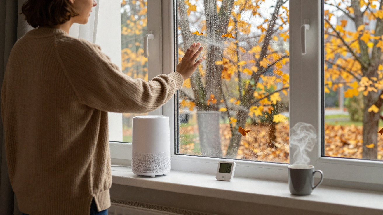 Frau berührt beschlagenes Fenster, Herbstlaub draußen, Luftbefeuchter, Thermometer und dampfende Tasse auf Fensterbank.